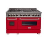 ZLINE - 48 in. Wide 7 Burner Legacy Dual Fuel Freestanding Range in Satin Stainless Steel & Red Matte Doors - Matte Red
