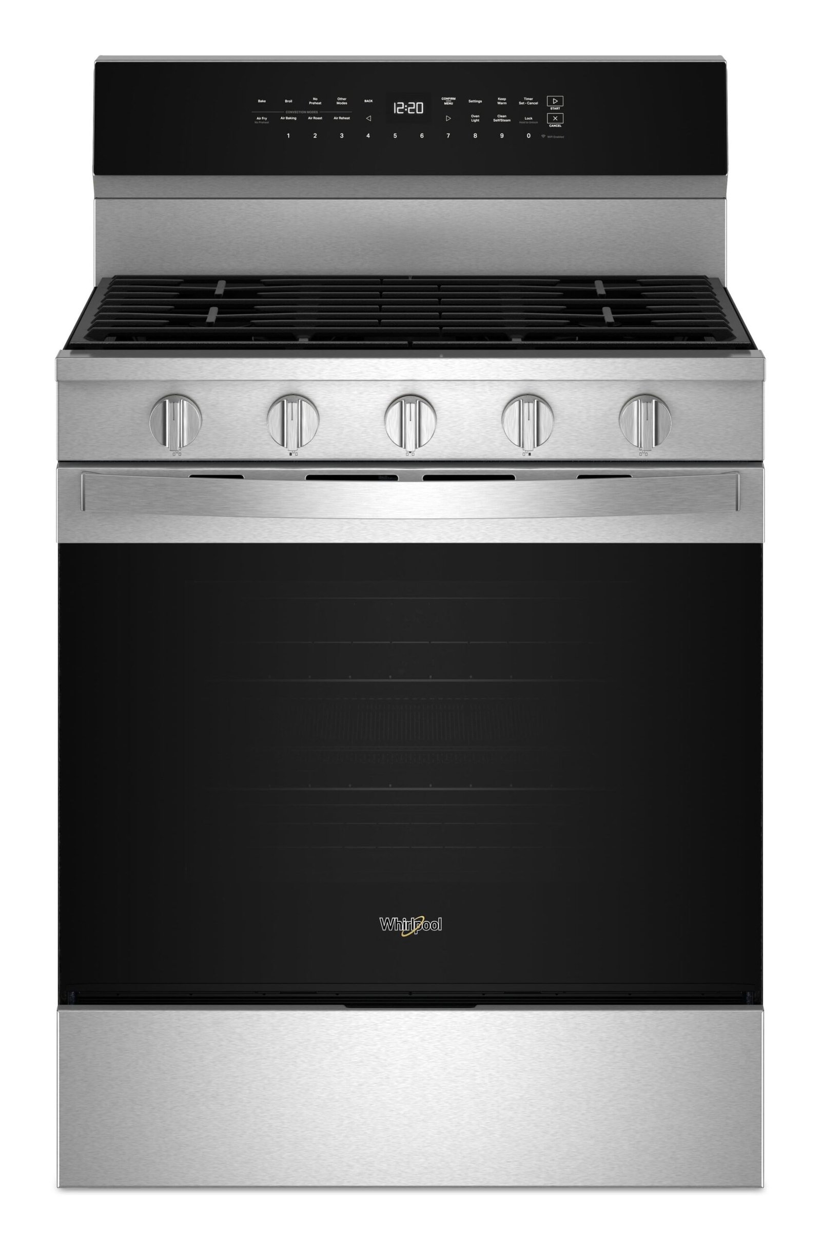 bestbuy-6614320-1.jpg Whirlpool - 30 in. Wide 5 burners 5.0 cu. ft. Smart Freestanding Gas Range with Air Cook Technology, No Preheat Air Fry, Steam Clean - Stainless Steel - Image 1