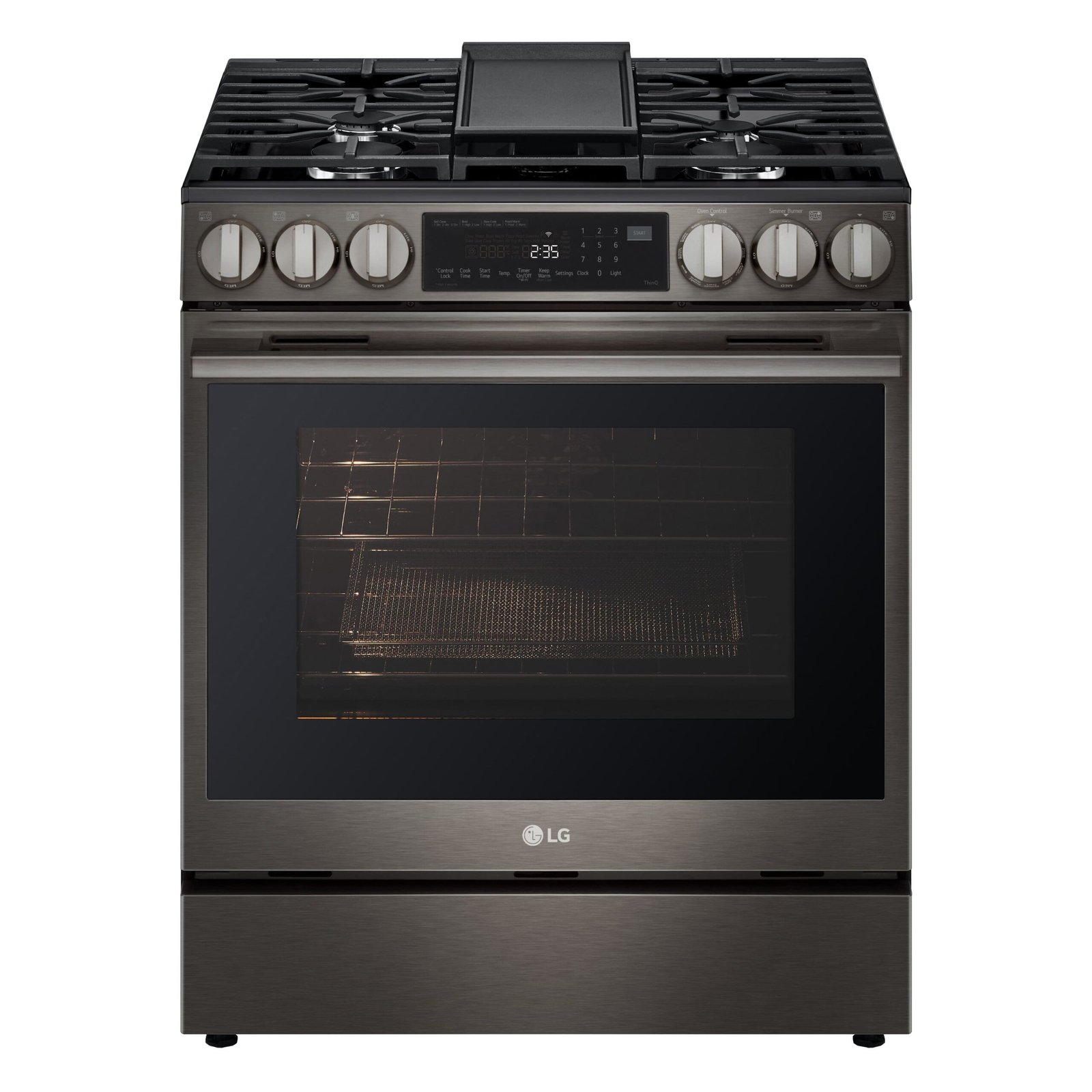 bestbuy-6636135-1.jpg LG - 30-in Wide 6.3 Cu. Ft. Slide-In Gas True Convection Smart Range with 5 Burners, Air Fry and UltraHeat 20K BTU Burner - Black Stainless Steel - Image 1